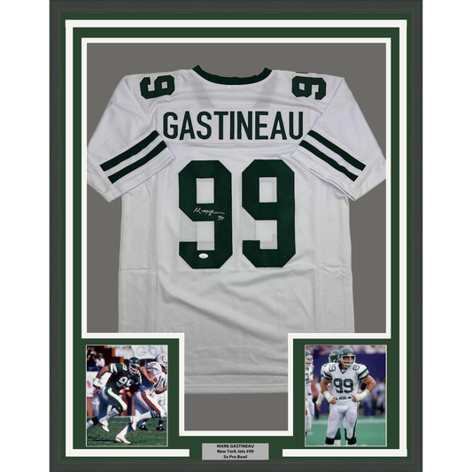 Framed Autographed/Signed Mark Gastineau 35x39 New York White Football Jersey JSA COA - Golden Apple Comics