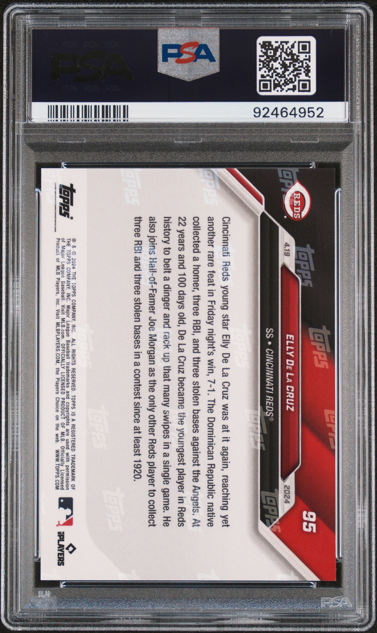 Graded 2024 Topps Now Elly De La Cruz #95 Rookie RC Baseball Card PSA 10 Gem Mint