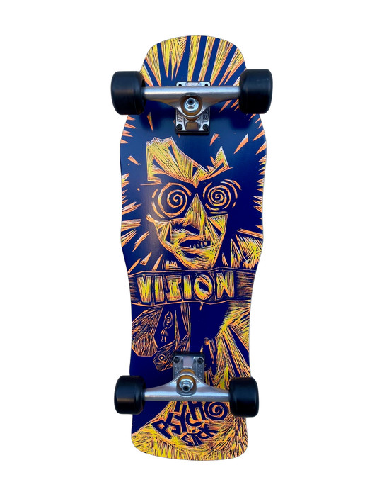 Vision Psycho Stick Woodcut Yellow / Blue 10" Complete Skateboard