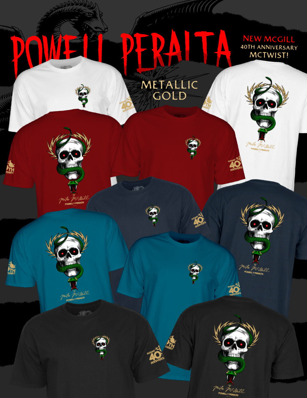 POWELL PERALTA McGILL "SKULL & SNAKE 40TH ANN OF THE McTWIST" T-SHIRT