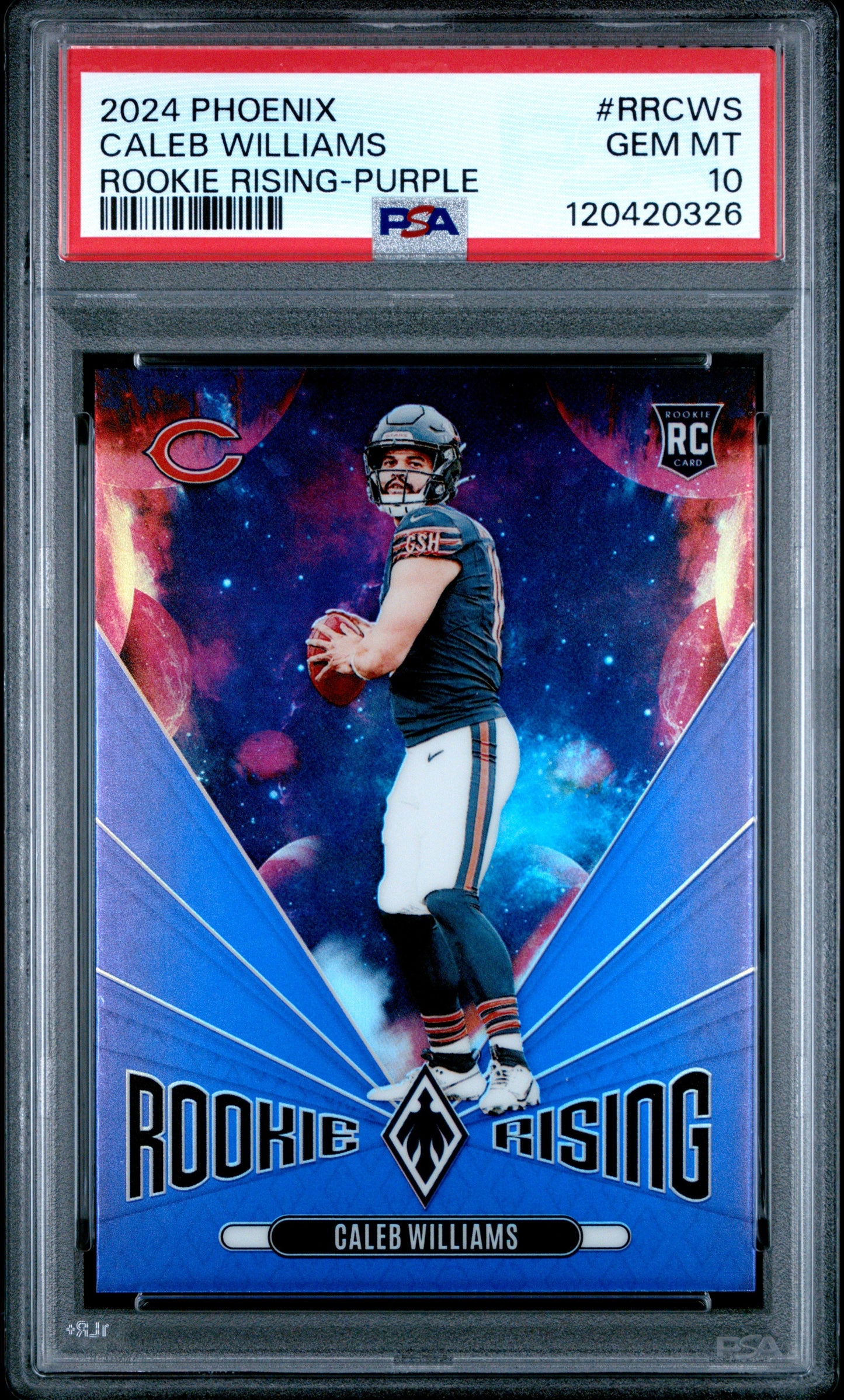 Graded 2024 Panini Phoenix Caleb Williams #RRCWS Rookie Rising Purple Rookie RC Football Card PSA 10 Gem Mint