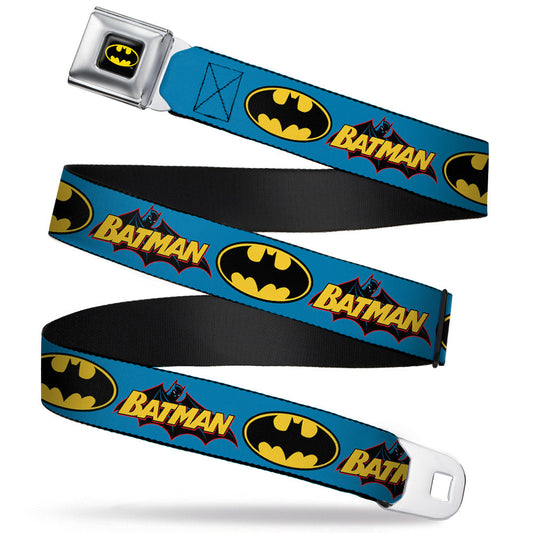 Batman Full Color Black Yellow Seatbelt Belt - Vintage Batman Logo & Bat Signal Blue Webbing
