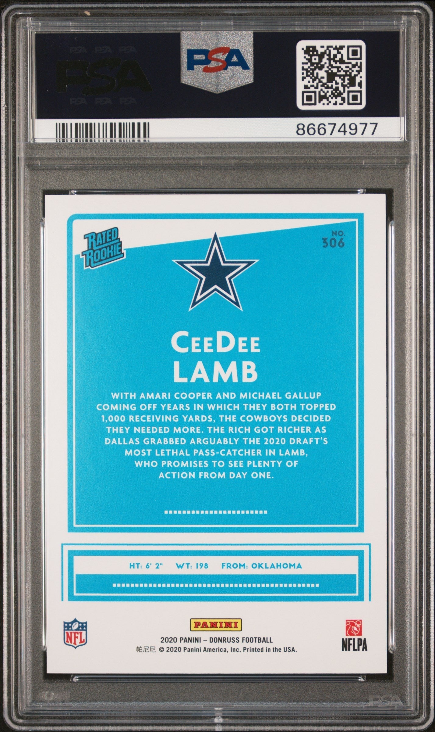 Graded 2020 Panini Donruss CeeDee Lamb #306 Rookie RC Football Card PSA 9 Mint