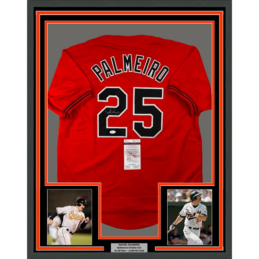 Framed Autographed/Signed Rafael Palmeiro 35x39 Baltimore Orange Baseball Jersey JSA COA