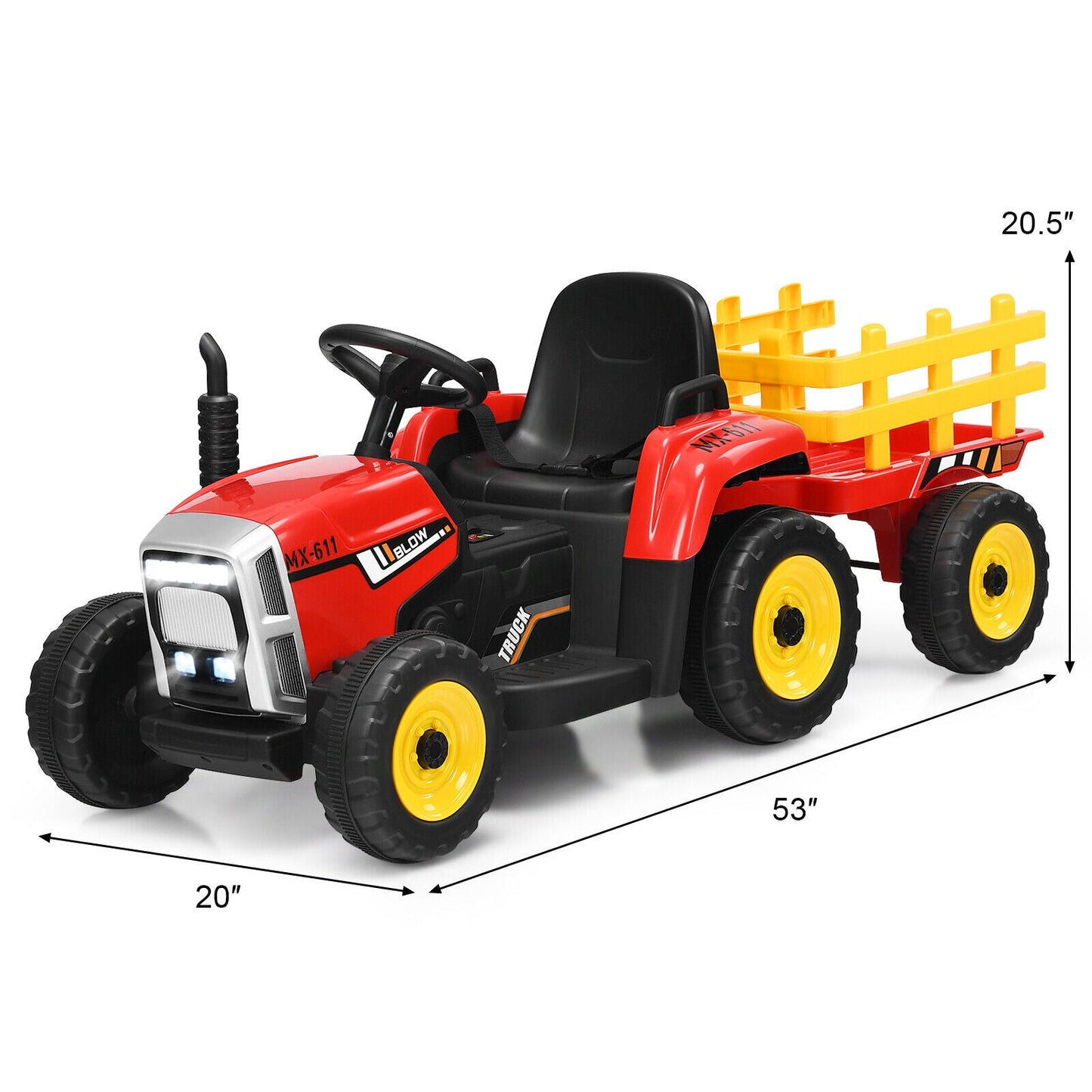 Red 12V Kids Ride On Tractor with Trailer and Remote Control - Featuring Ground Loader and Lights