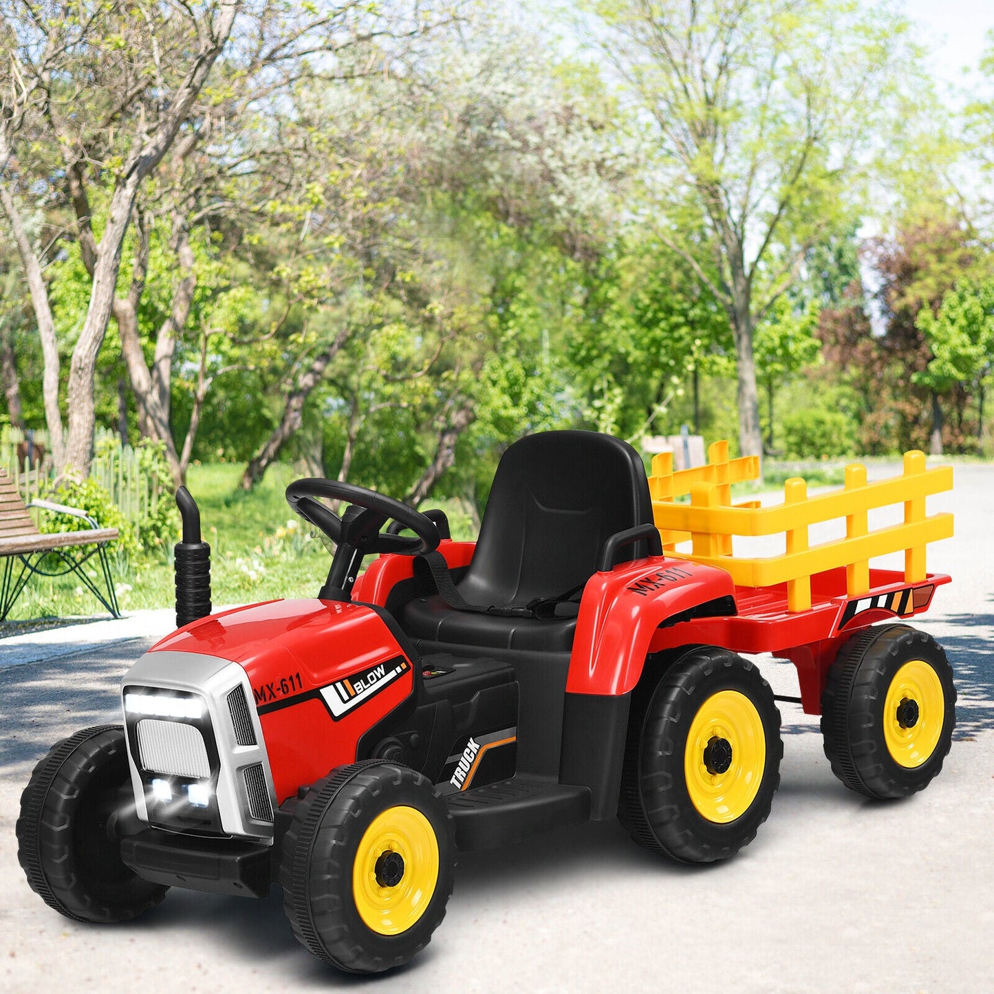 Red 12V Kids Ride On Tractor with Trailer and Remote Control - Featuring Ground Loader and Lights