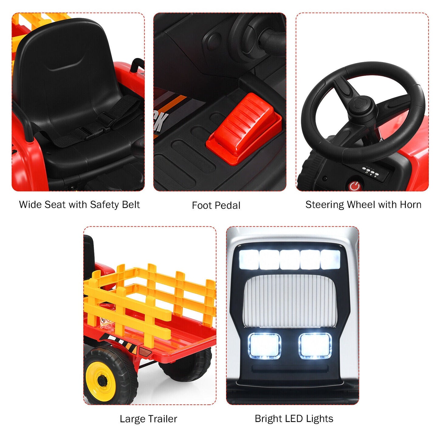 Red 12V Kids Ride On Tractor with Trailer and Remote Control - Featuring Ground Loader and Lights