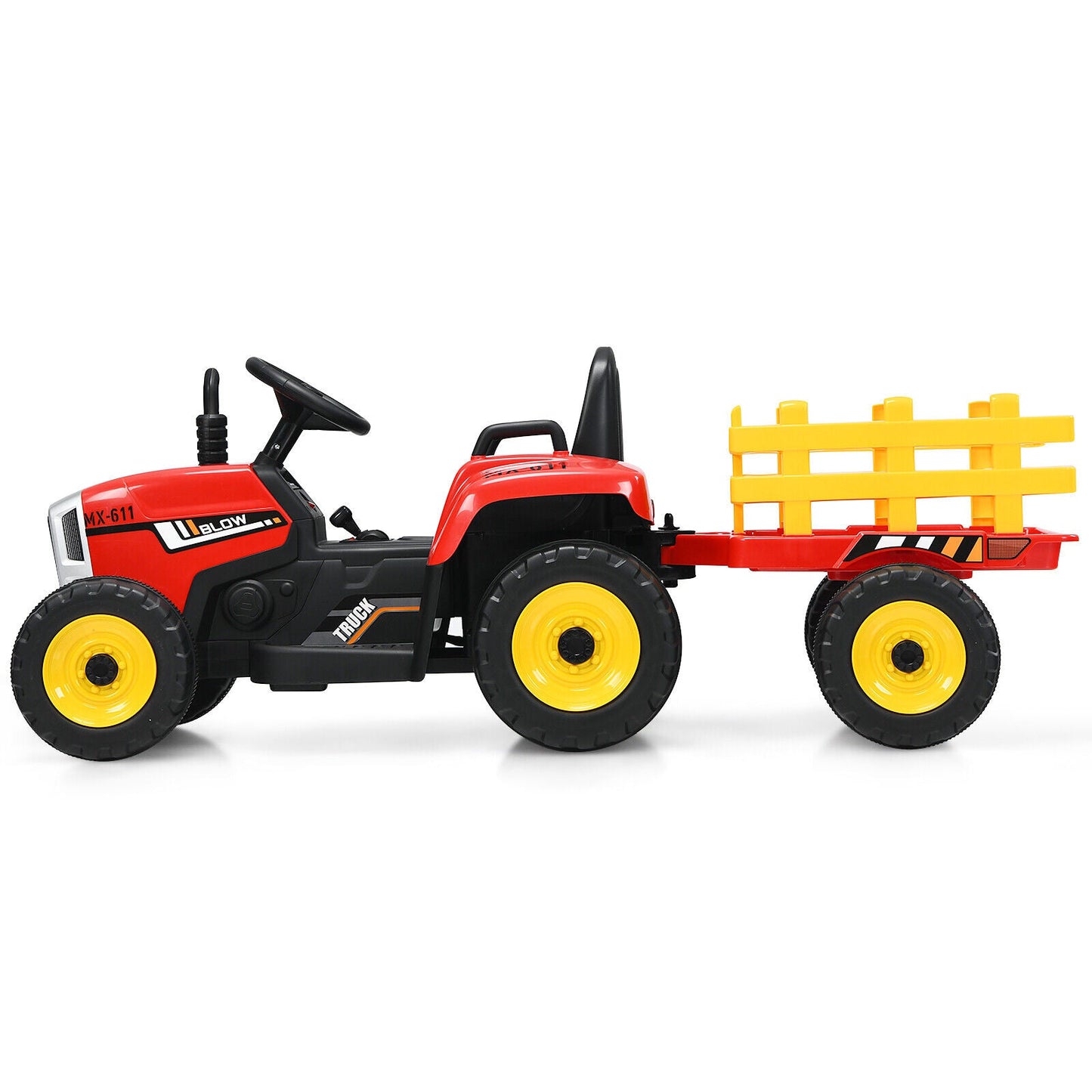 Red 12V Kids Ride On Tractor with Trailer and Remote Control - Featuring Ground Loader and Lights