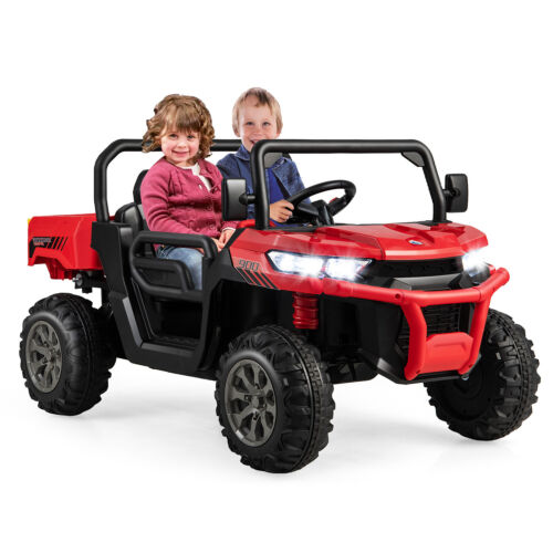 Red Ride-On Dump Truck with Dump Bed, Safety Belt, and Lockable Doors - 12V