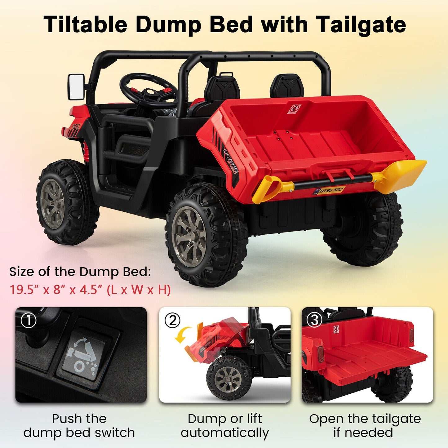 Red Ride-On Dump Truck with Dump Bed, Safety Belt, and Lockable Doors - 12V