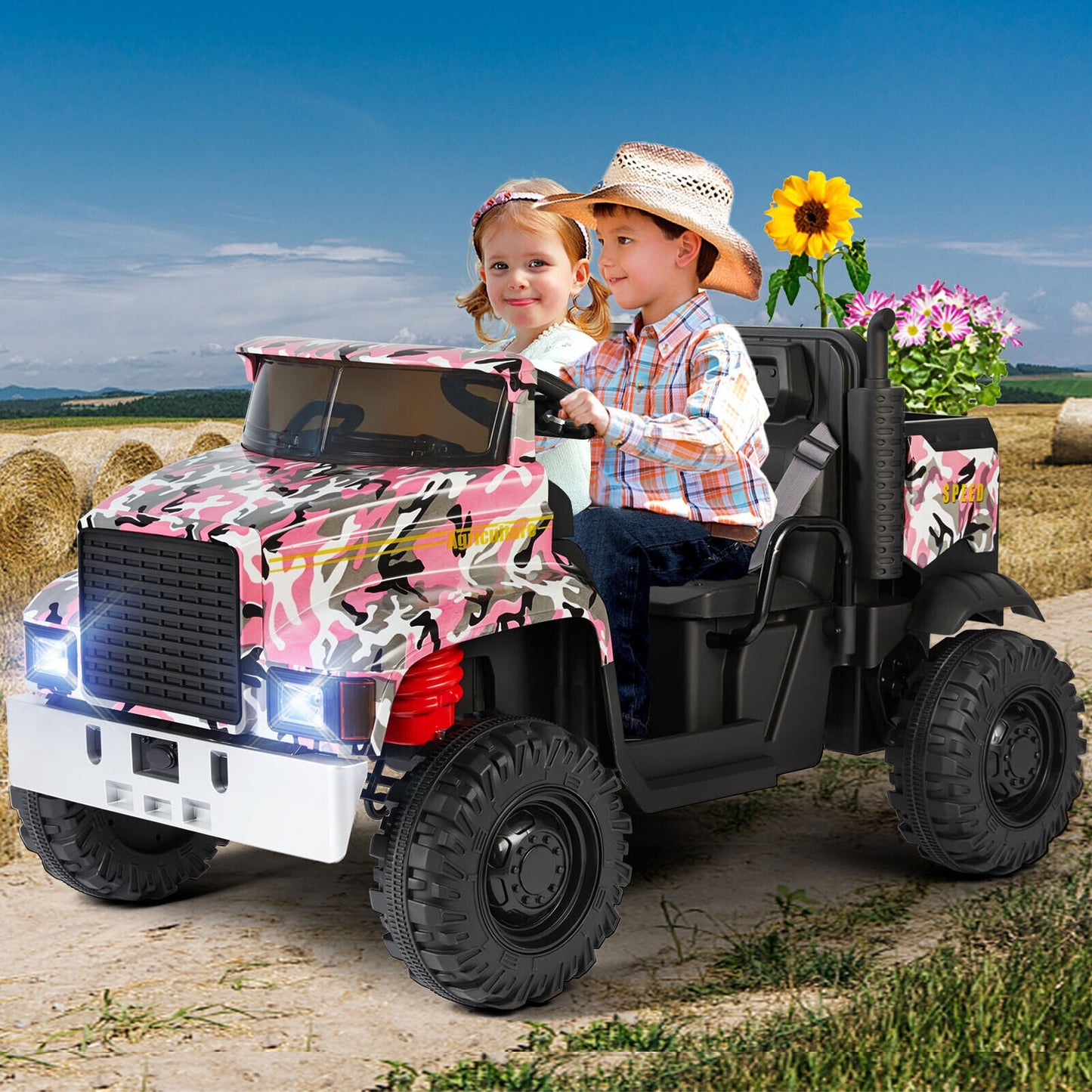 Camo Pink Ride-On Tractor with Trailer, Dump Bed, Bluetooth, and Remote Control - 3 Speed Options