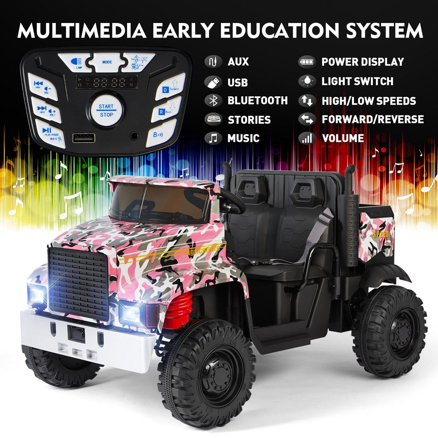 Camo Pink Ride-On Tractor with Trailer, Dump Bed, Bluetooth, and Remote Control - 3 Speed Options