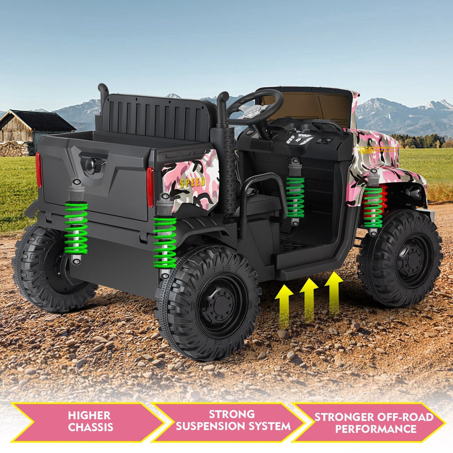 Camo Pink Ride-On Tractor with Trailer, Dump Bed, Bluetooth, and Remote Control - 3 Speed Options