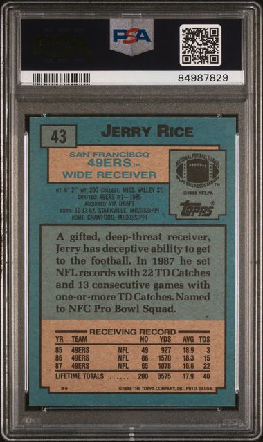Graded 1988 Topps Jerry Rice #43 Football Card PSA 9 Mint