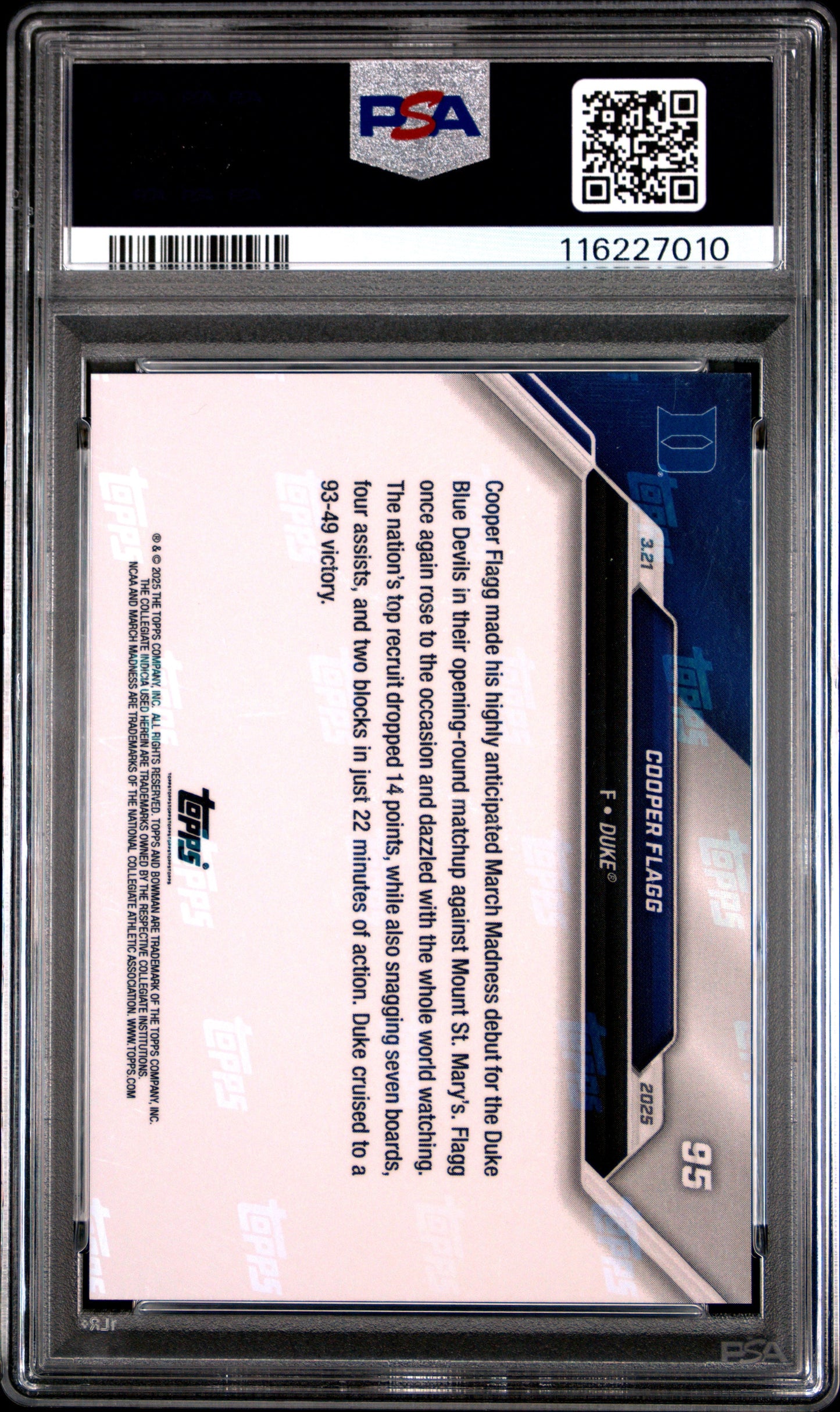 Graded 2024 Topps Bowman U Now Cooper Flagg #95 Superstar Makes March Madness Debut Rookie RC Basketball Card PSA 10 Gem Mint