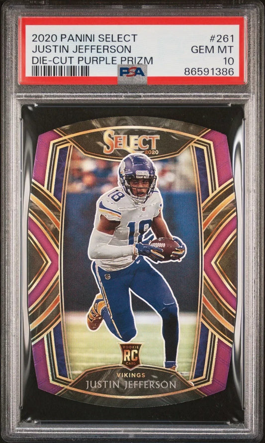 Graded 2020 Panini Select Justin Jefferson #261 Die Cut Purple Prizm Rookie RC Football Card PSA 10 Gem Mint