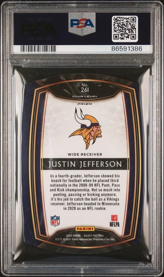 Graded 2020 Panini Select Justin Jefferson #261 Die Cut Purple Prizm Rookie RC Football Card PSA 10 Gem Mint