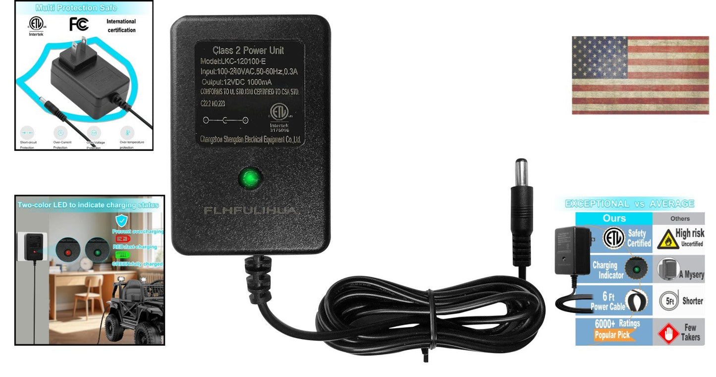 Safe and Reliable 12 Volt Charger for Ride-On Toys with 6ft Cable and LED Status Lights