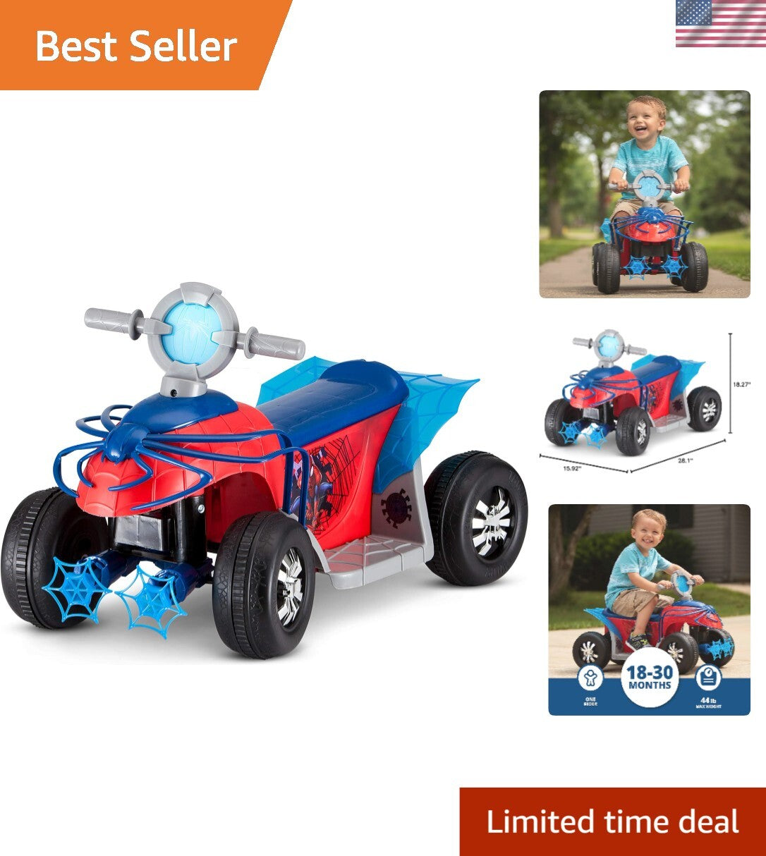 Spider-Man Quad Ride-On Toy for Toddlers 18-30 Months with 44 lbs Weight Limit