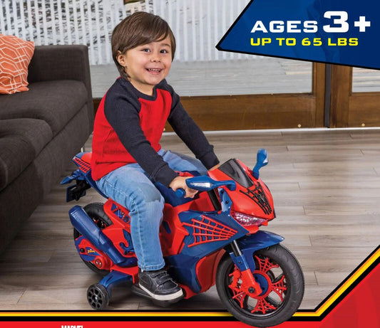 Spider-Man 6V Kids Ride-On Motorcycle with Lights, Sounds, and Training Wheels