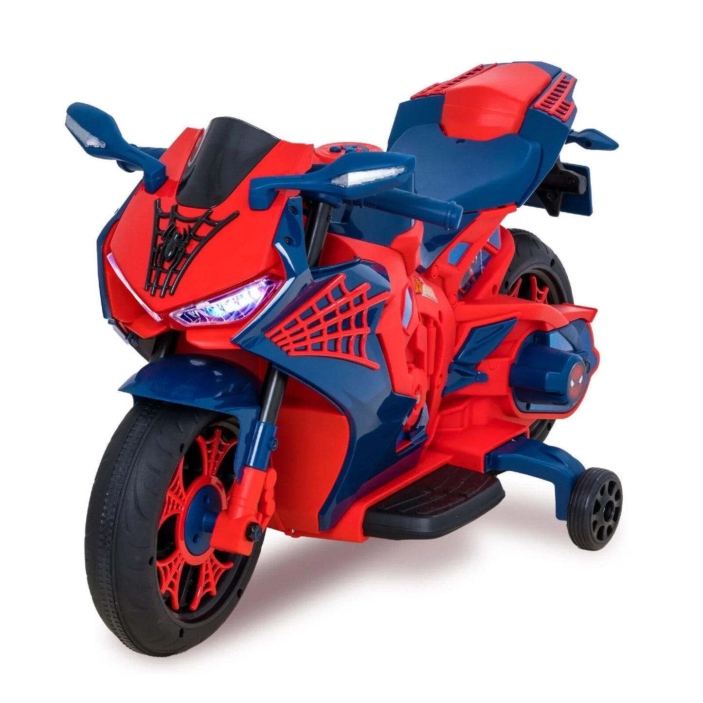 Spider-Man 6V Kids Ride-On Motorcycle with Lights, Sounds, and Training Wheels
