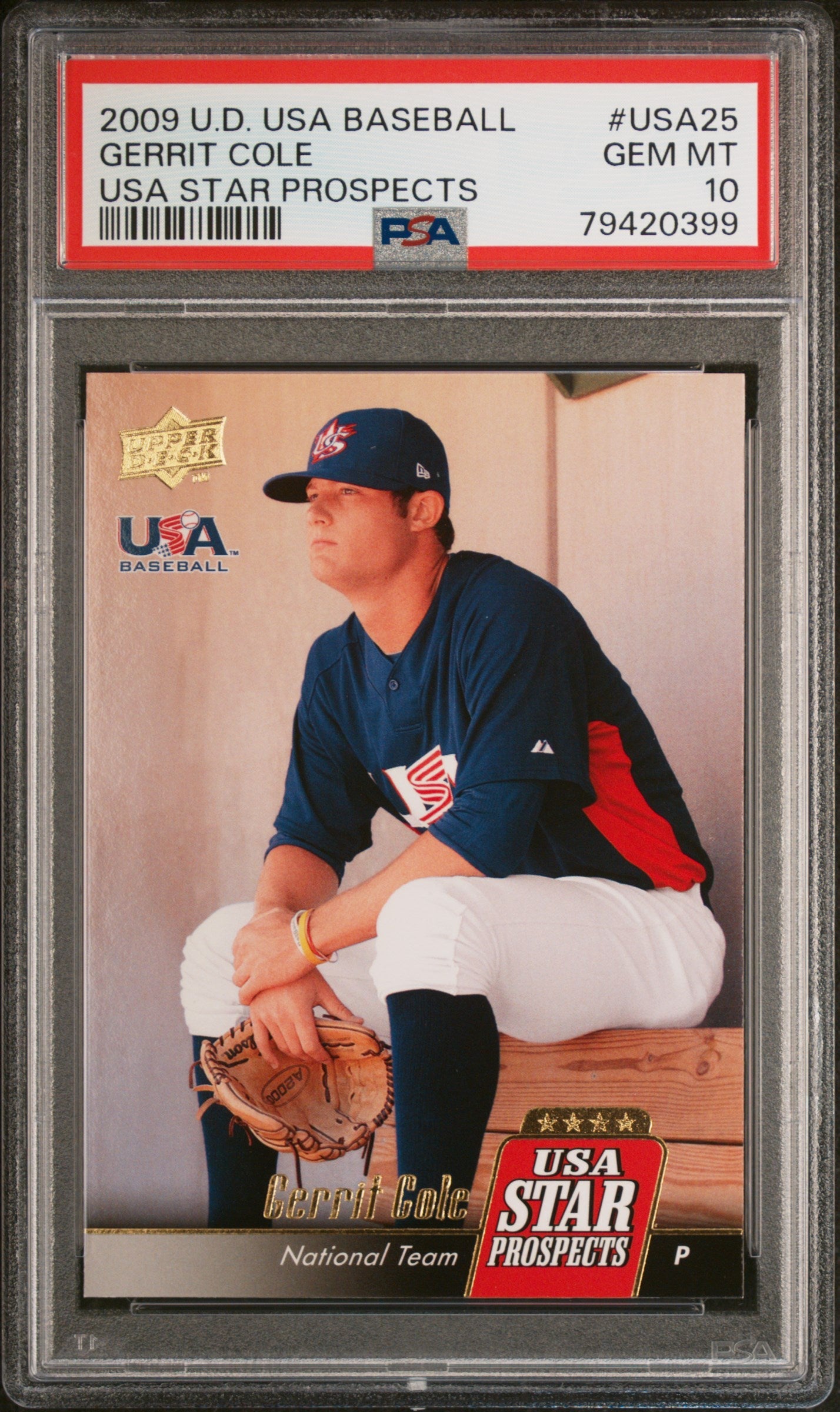 Graded 2009 Upper Deck USA Baseball Gerrit Cole #USA25 USA Star Prospects Rookie RC Baseball Card PSA 10 Gem Mint - Golden Apple Comics