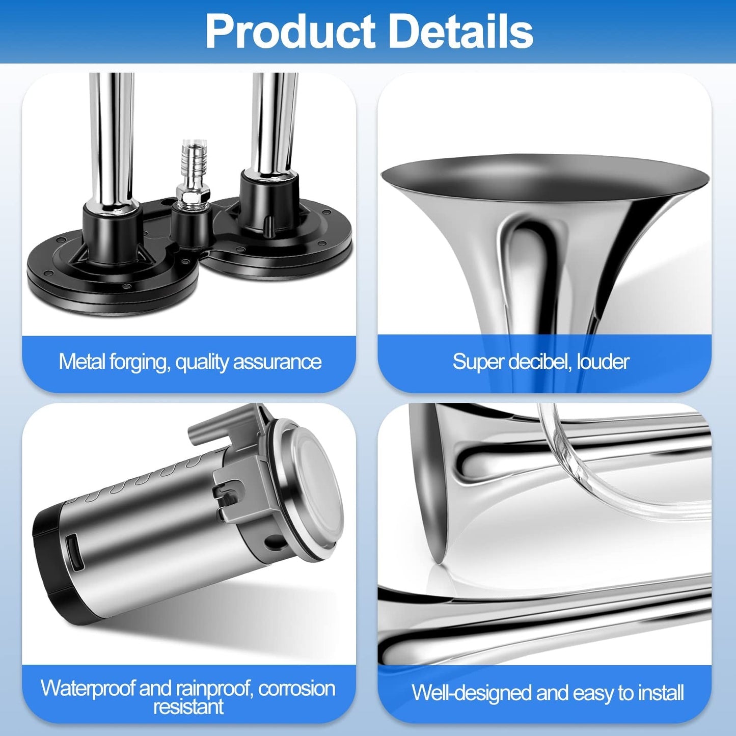 2-Pack 12V 150dB Loud Air Horn Kit for Trucks, Boats, and Cars with Air Compressor