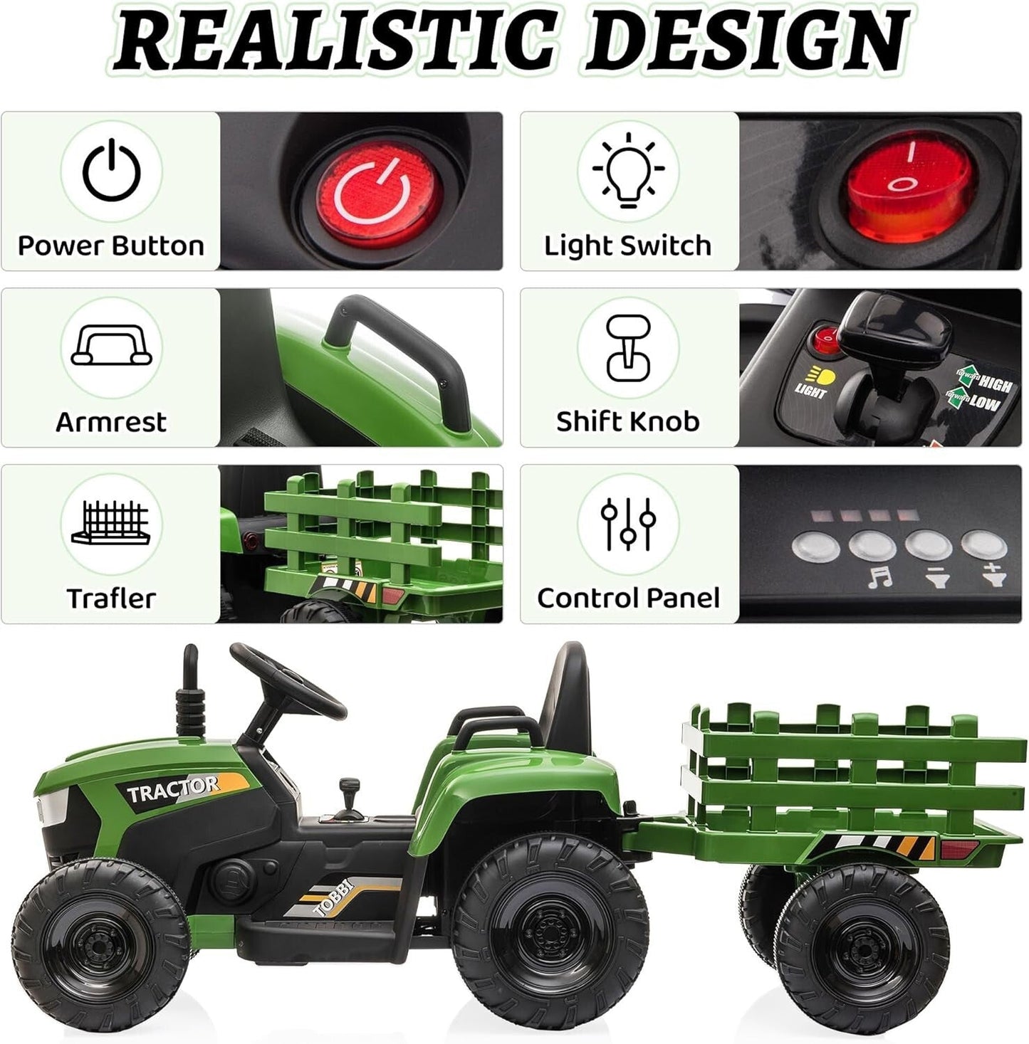 12V Battery-Powered Kids Ride-On Tractor Toy with Trailer and 35W Dual Motors