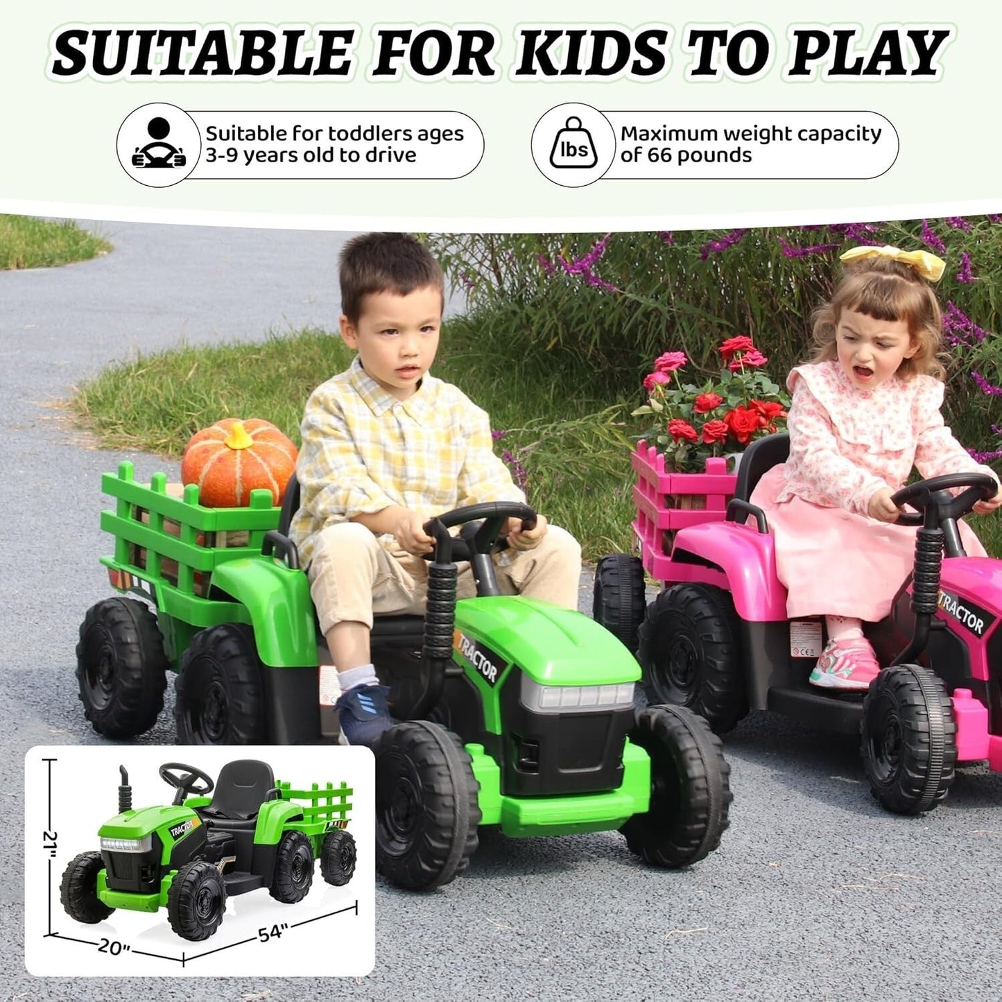 12V Battery-Powered Kids Ride-On Tractor Toy with Trailer and 35W Dual Motors