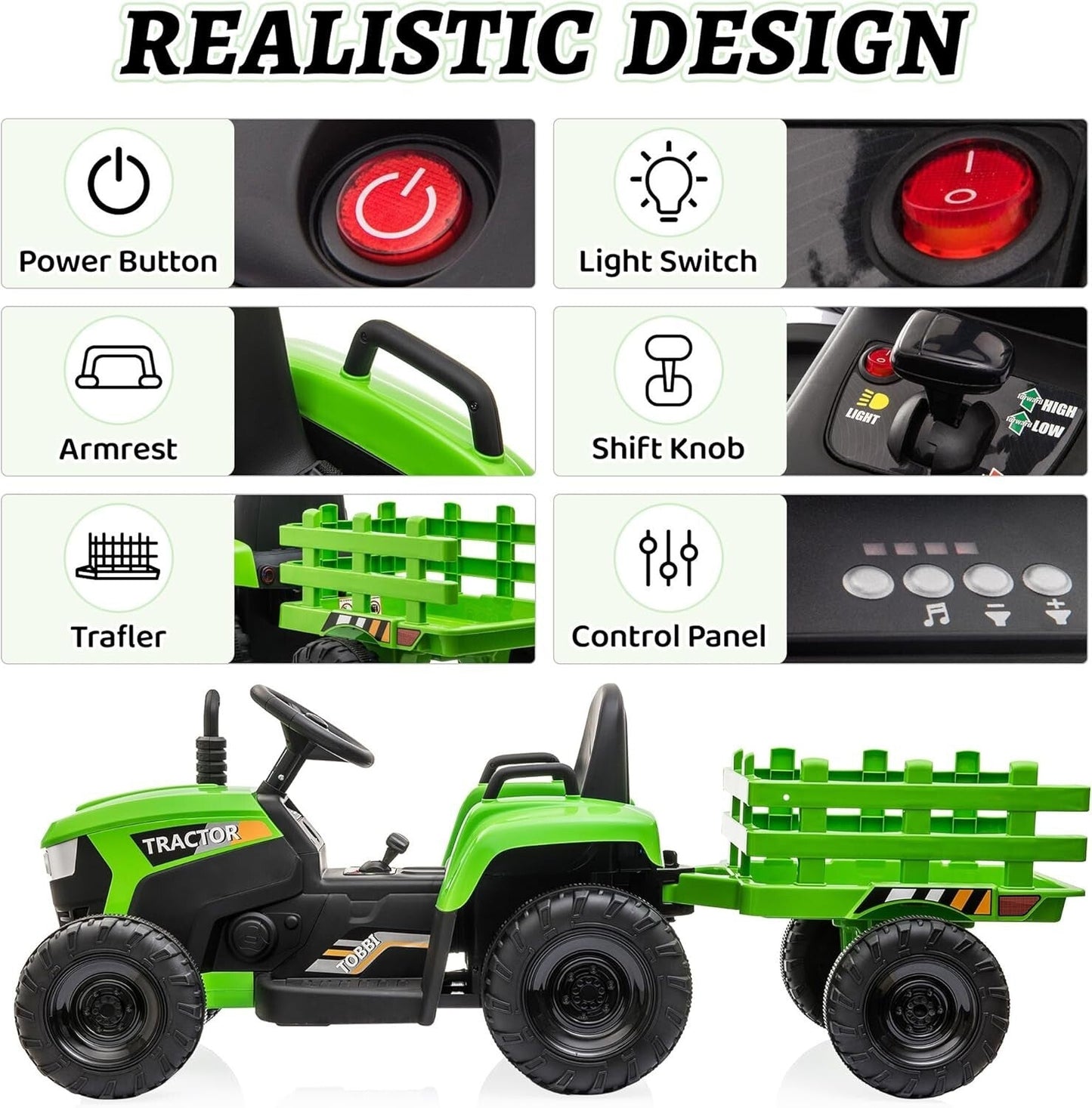 12V Battery-Powered Ride-On Tractor Toy with Trailer for Toddlers
