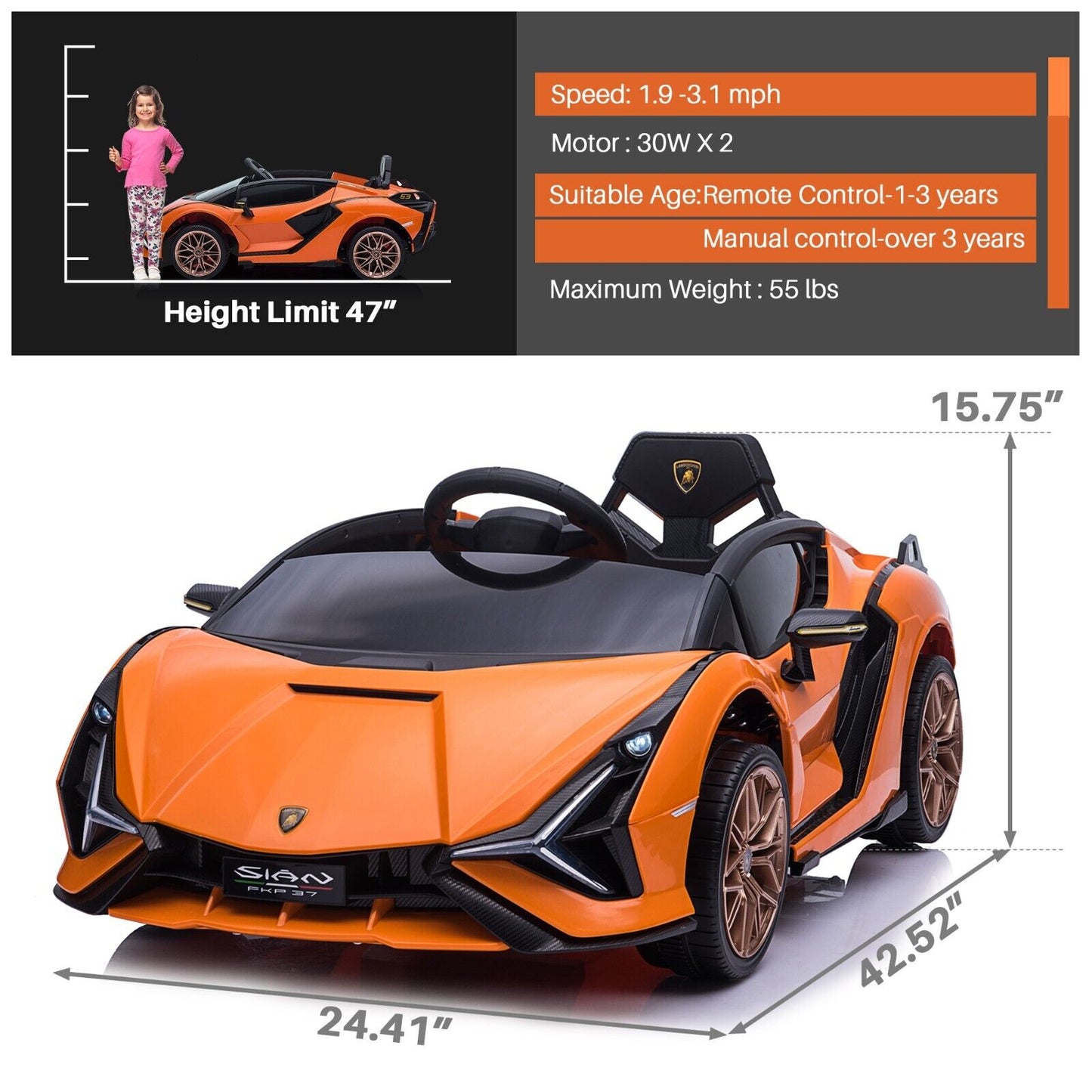 TOBBI 12V Licensed Lamborghini Sian Ride On Car for Kids with Remote Control and Battery Power