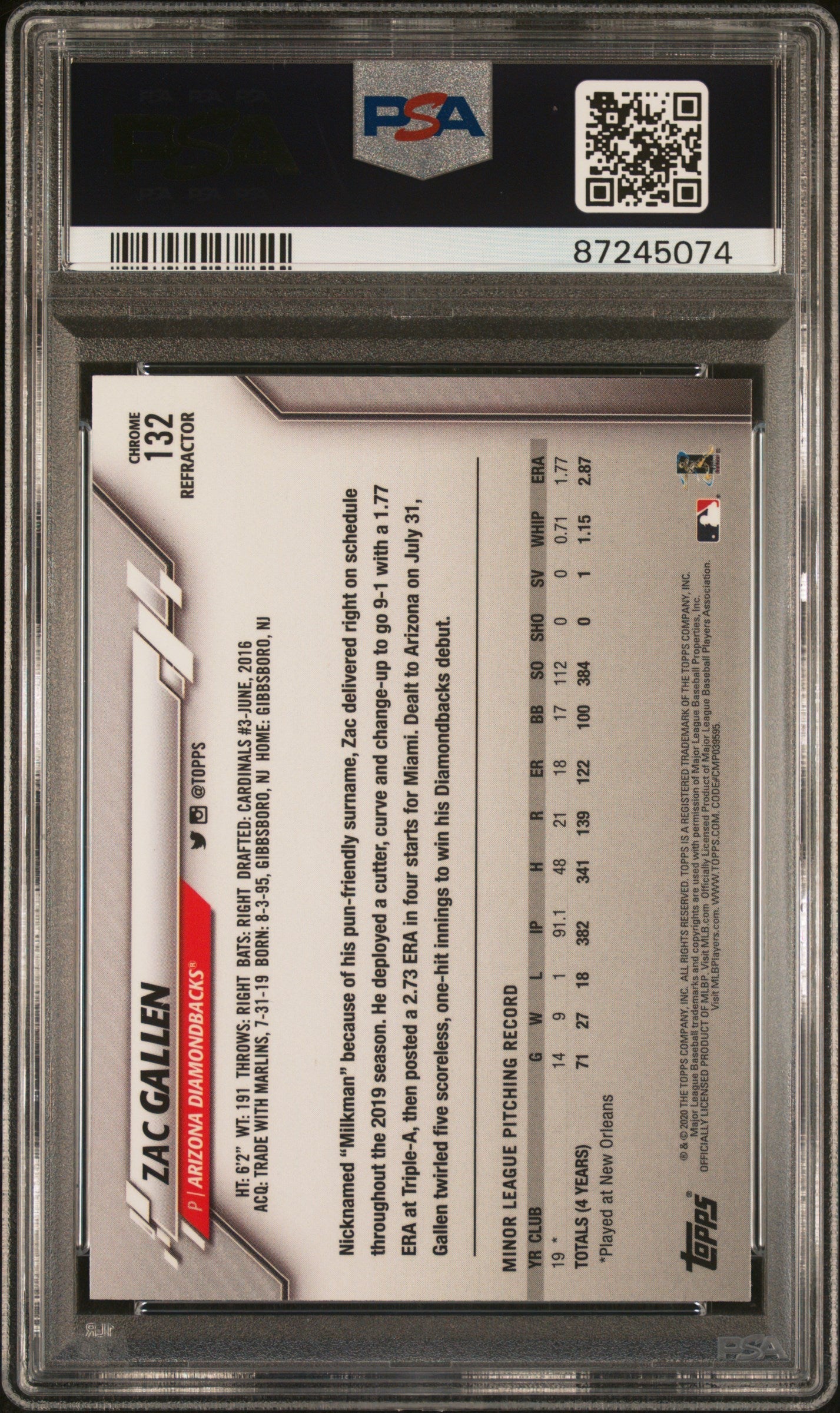 Graded 2020 Topps Chrome Zac Gallen #132 Xfractor Rookie RC Baseball Card PSA 10 Gem Mint