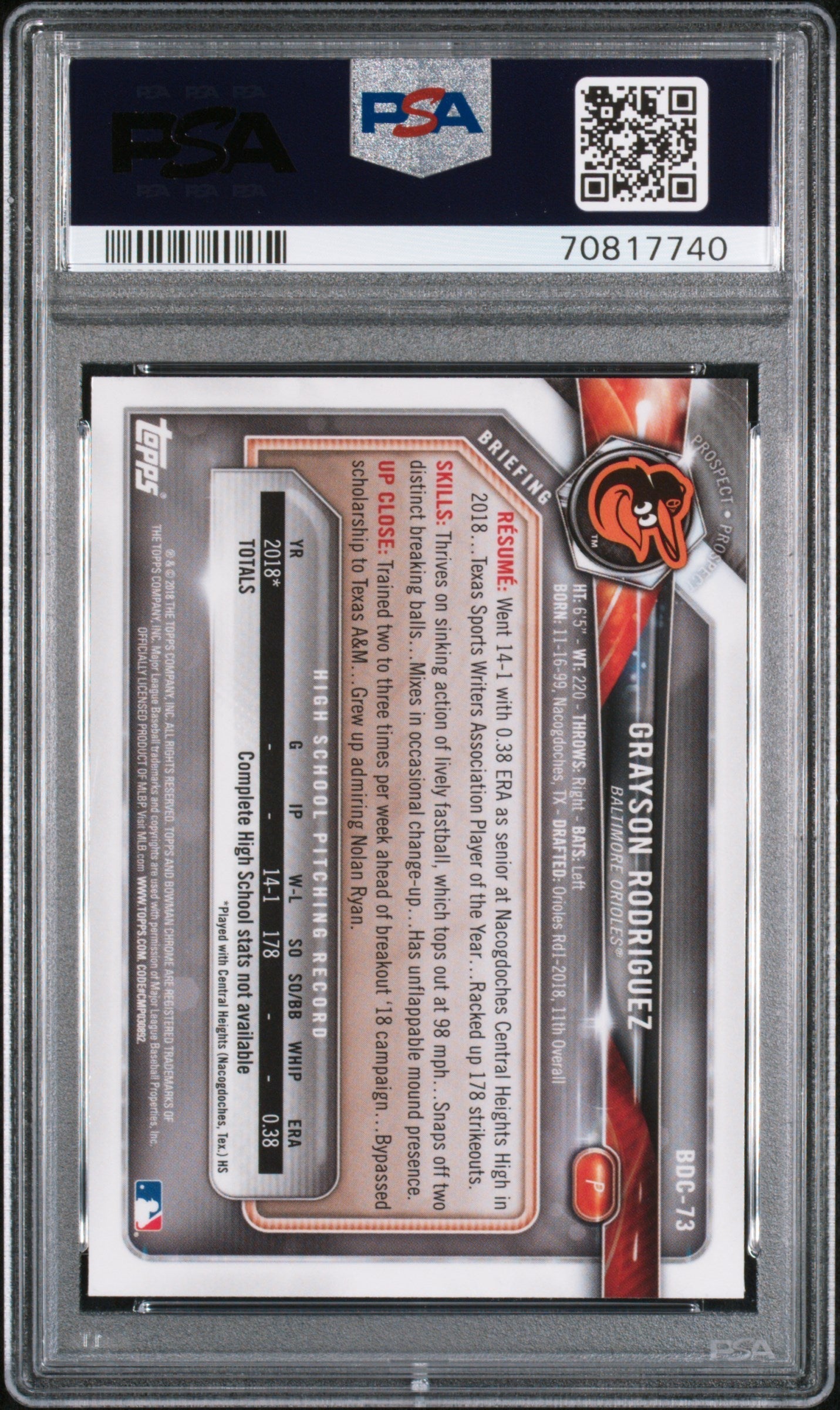 Graded 2018 Topps Bowman Draft Grayson Rodriguez #BDC73 Chrome Rookie RC Baseball Card PSA 10 Gem Mint