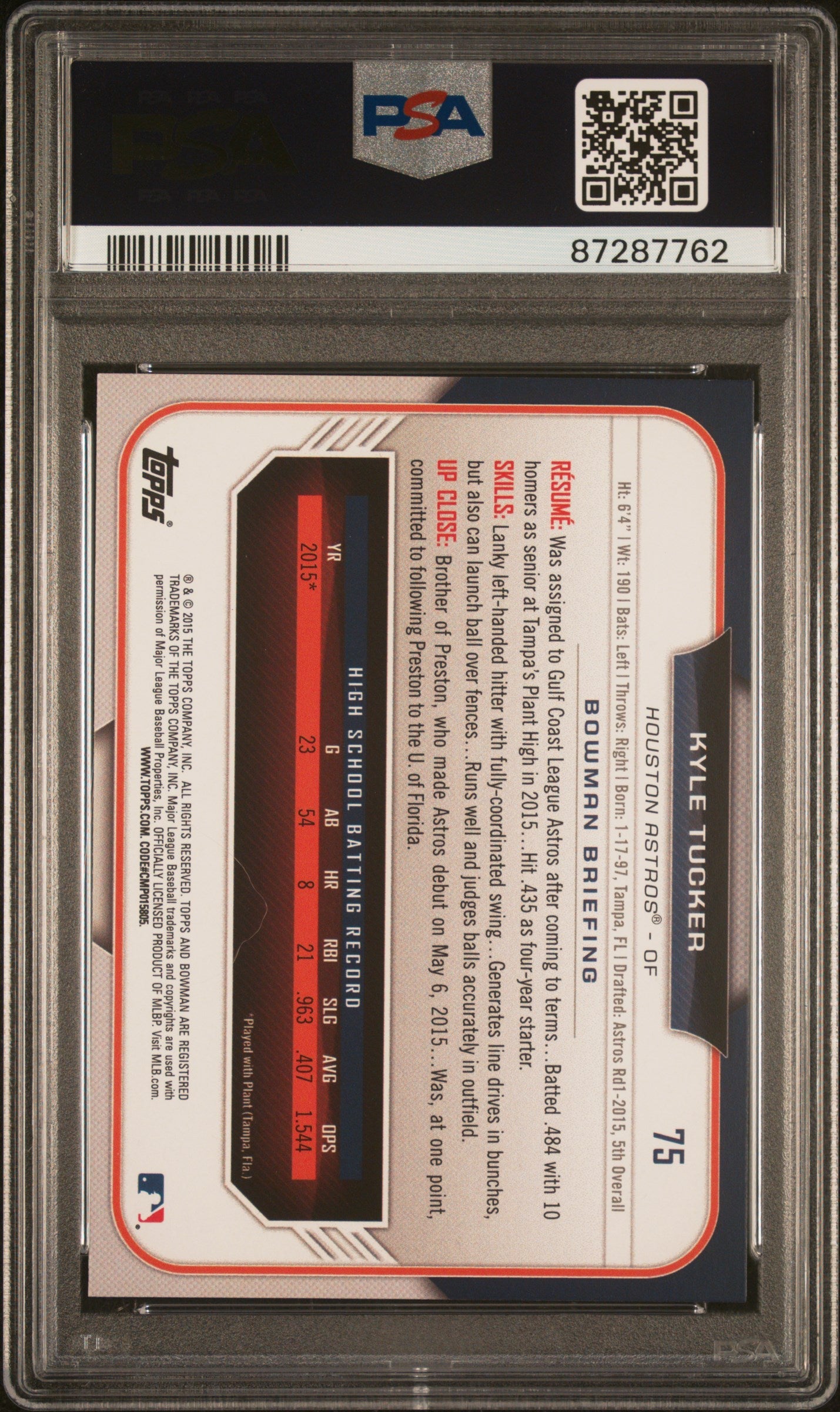 Graded 2015 Topps Bowman Draft Kyle Tucker #75 Rookie RC Baseball Card PSA 10 Gem Mint