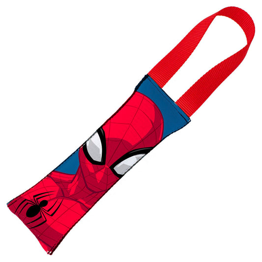 2016 SPIDER-MAN Dog Toy Squeaky Tug Toy - Spider-Man Pose + Round Spider Icon CLOSE-UP Blue Red - Red Webbing