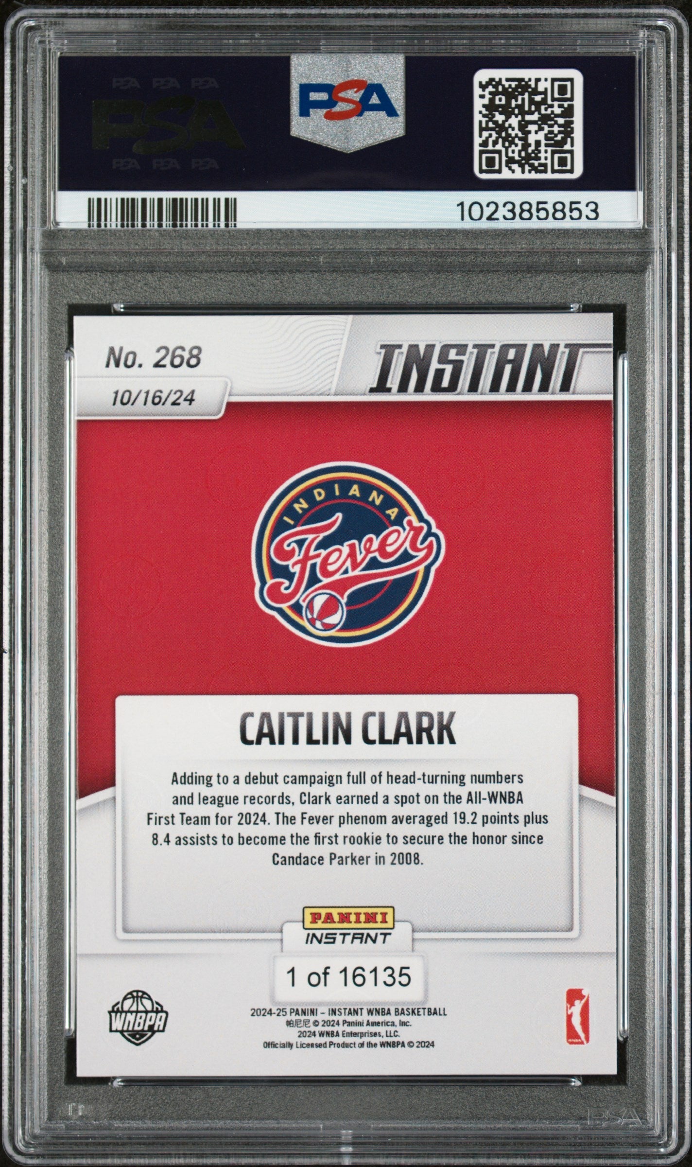Graded 2024 Panini Instant WNBA Caitlin Clark #268 Rookie RC Basketball Card PSA 9 Mint