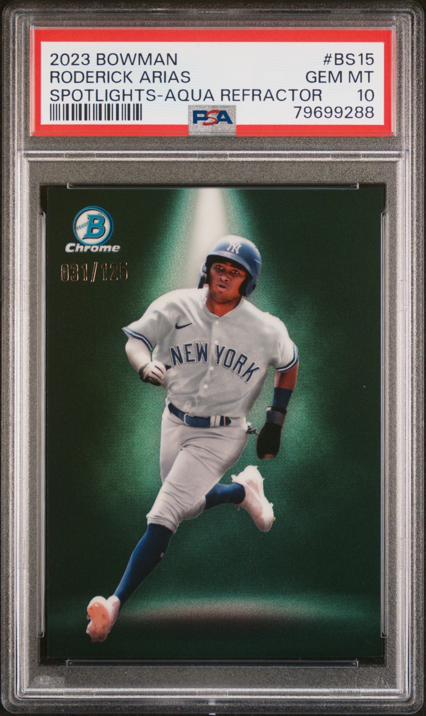 Graded 2023 Topps Bowman Roderick Arias #BS15 Spotlights Aqua Refractor /125 Rookie RC Baseball Card PSA 10 Gem Mint - Golden Apple Comics
