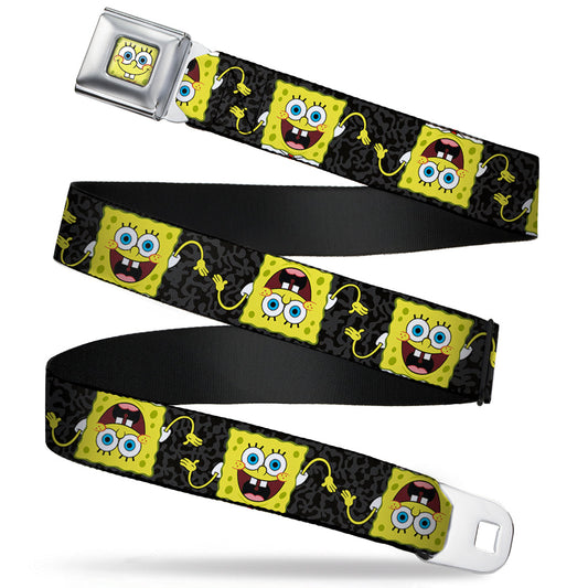 Sponge Bob Face CLOSE-UP Full Color Seatbelt Belt - SpongeBob Pose Flip/Camo Gray/Black Webbing