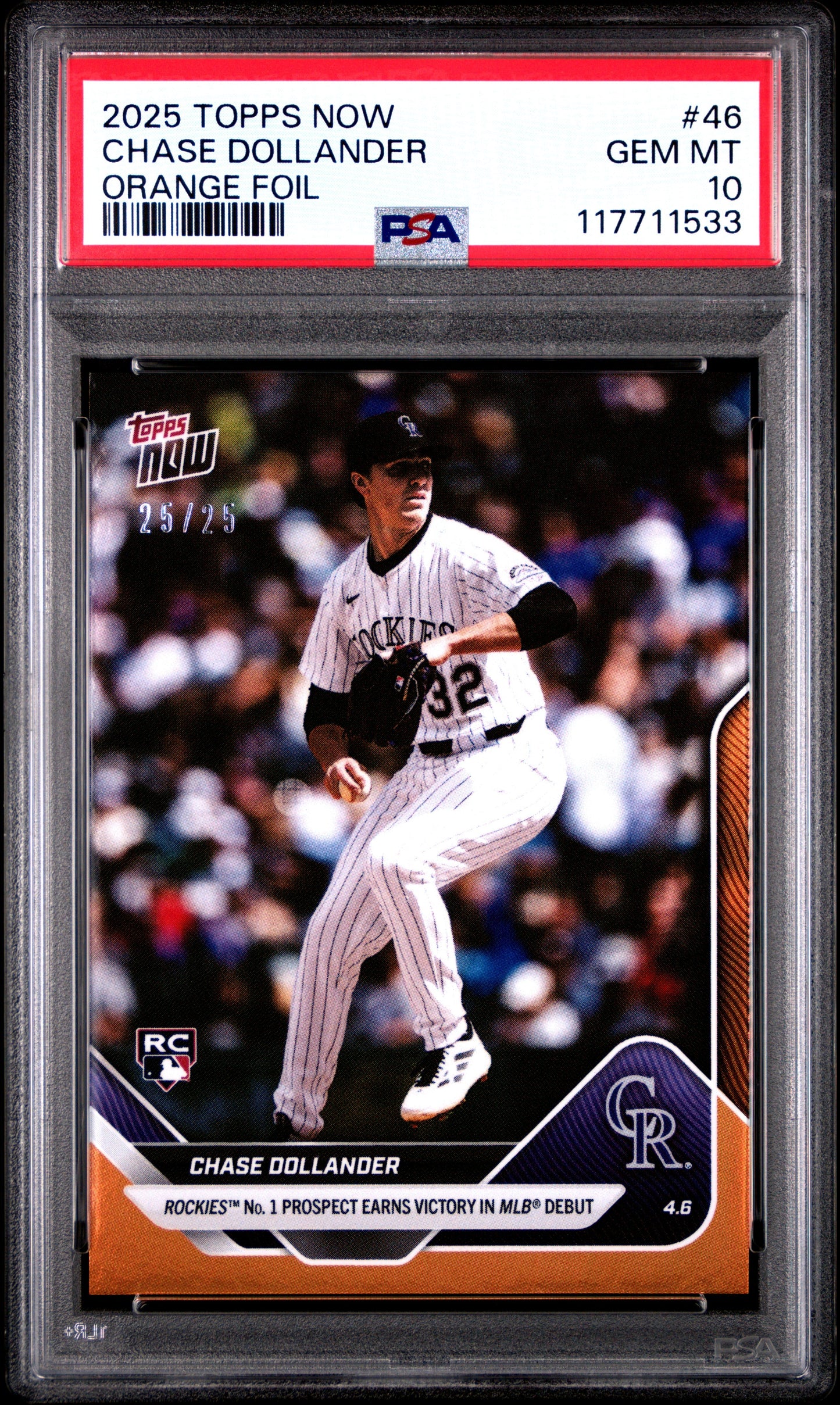 Graded 2025 Topps Now Chase Dollander #46 Orange Foil /25 Rookie RC Baseball Card PSA 10 Gem Mint
