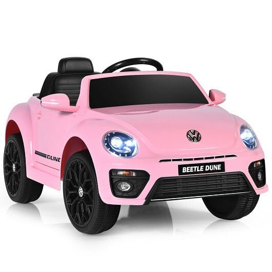 Electric Pink Kids Ride-On Car with Remote Control, Volkswagen Beetle Style