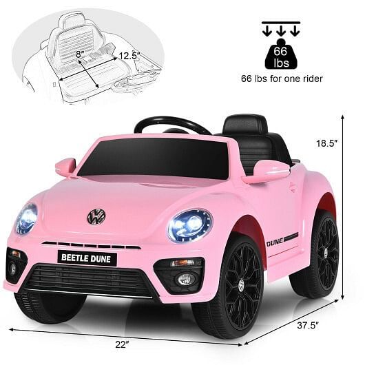Electric Pink Kids Ride-On Car with Remote Control, Volkswagen Beetle Style