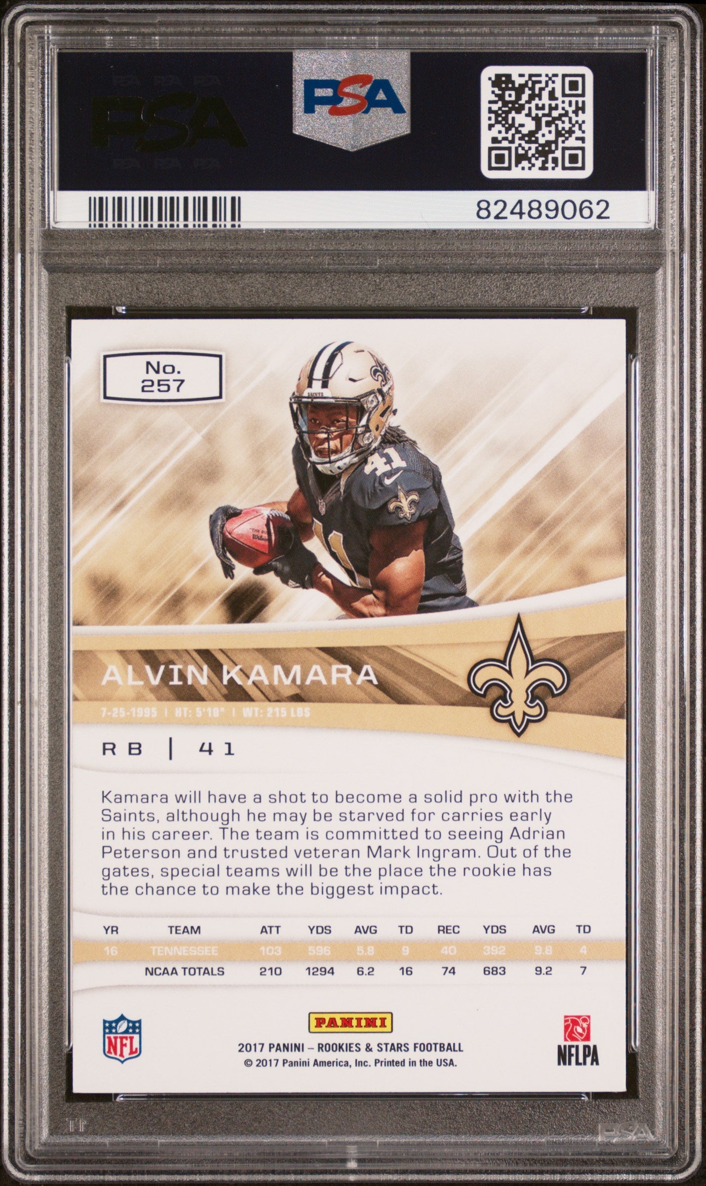 Graded 2017 Panini Rookies & Stars Alvin Kamara #257 Rookie RC Football Card PSA 10 Gem Mint