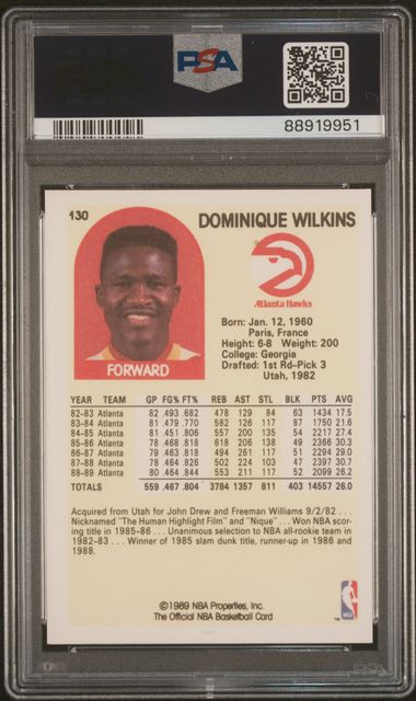 Graded 1989 Hoops Dominique Wilkins #130 Basketball Card PSA 10 Gem Mint