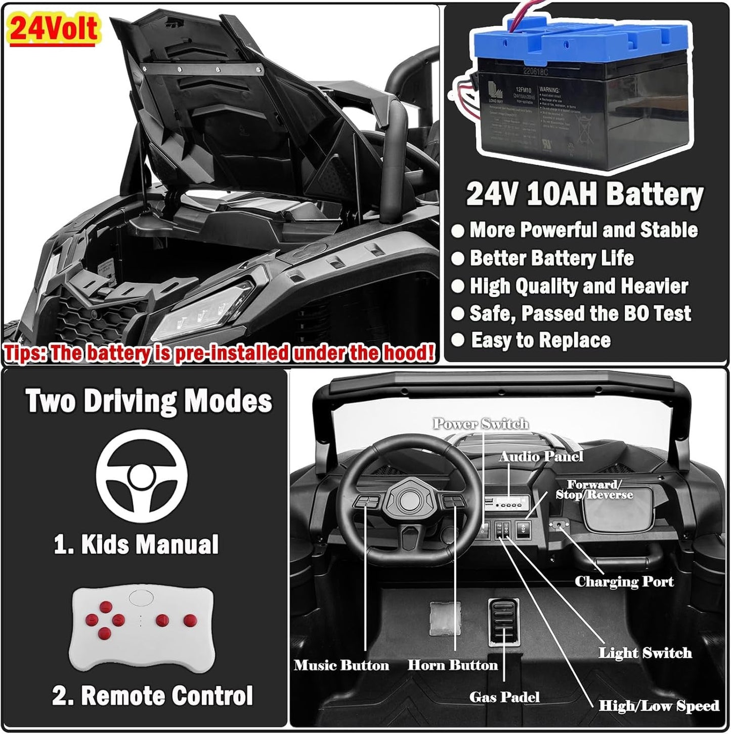 24V 4WD XXL Ride-On UTV Car for Big Kids with 2-Seater Capacity