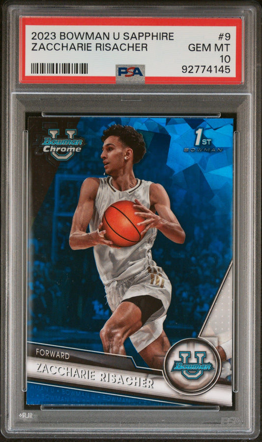 Graded 2023 Topps Bowman U Sapphire Zaccharie Risacher #9 Rookie RC Basketball Card PSA 10 Gem Mint