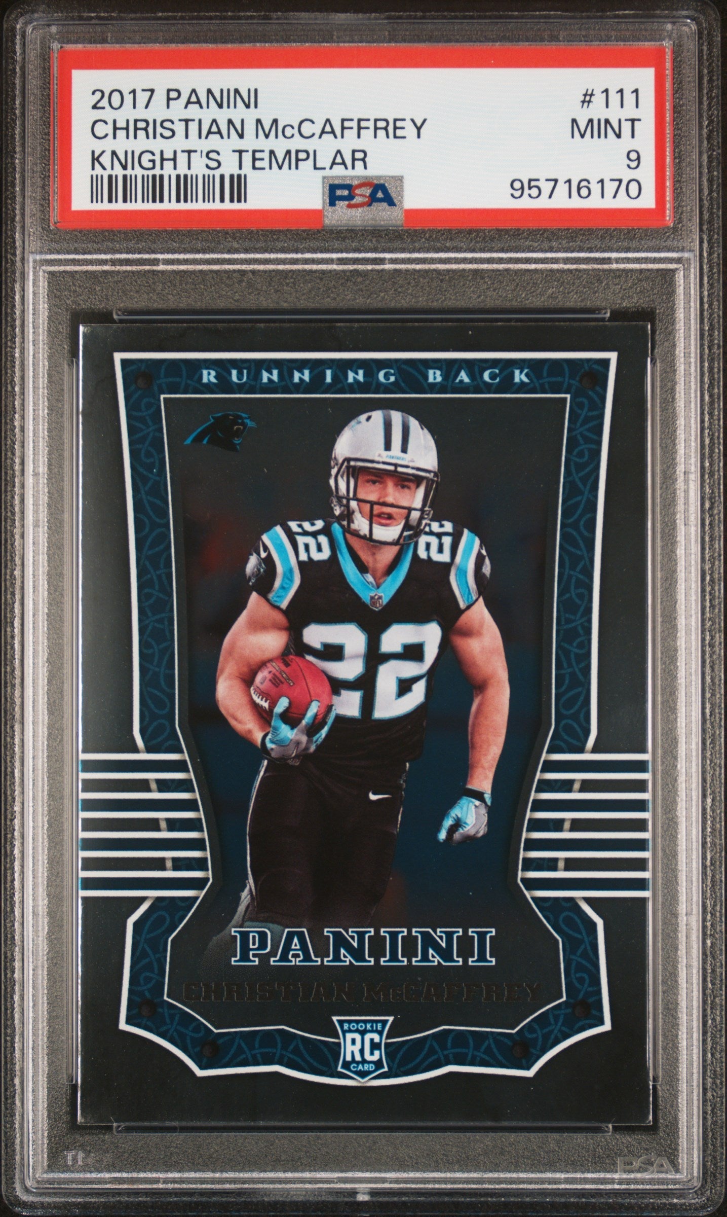 Graded 2017 Panini Christian McCaffrey #111 Knights Templar Rookie RC Football Card PSA 9 Mint