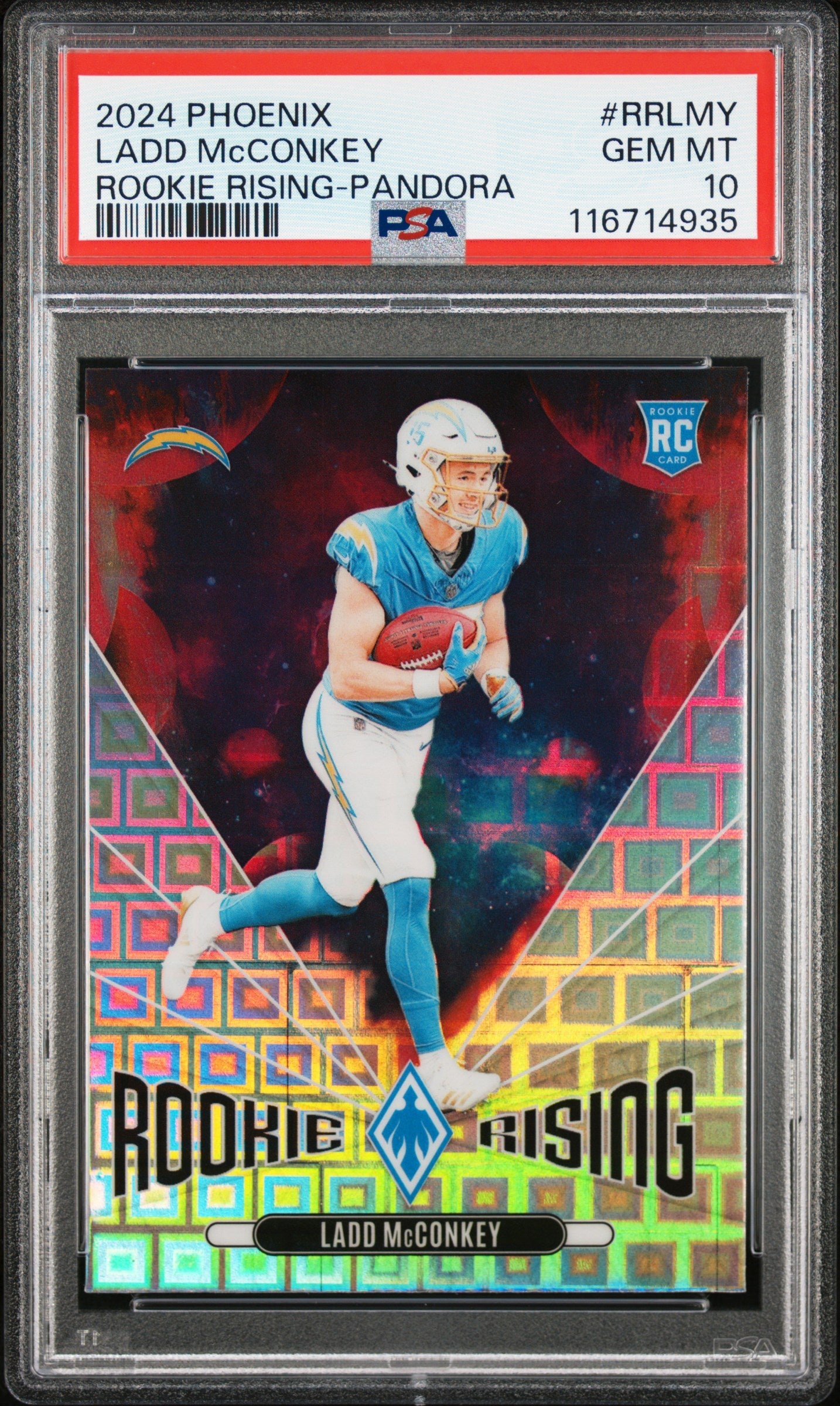 Graded 2024 Panini Phoenix Ladd McConkey #RRLMY Rookie Rising Pandora Rookie RC Football Card PSA 10 Gem Mint