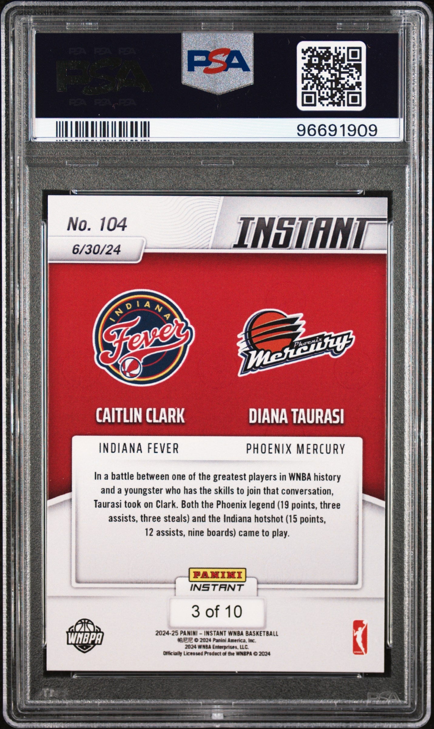 Graded 2024 Panini Instant WNBA Caitlin Clark/Diana Taurasi #104 Jaguar #/10 Basketball Card PSA 8 Near Mint