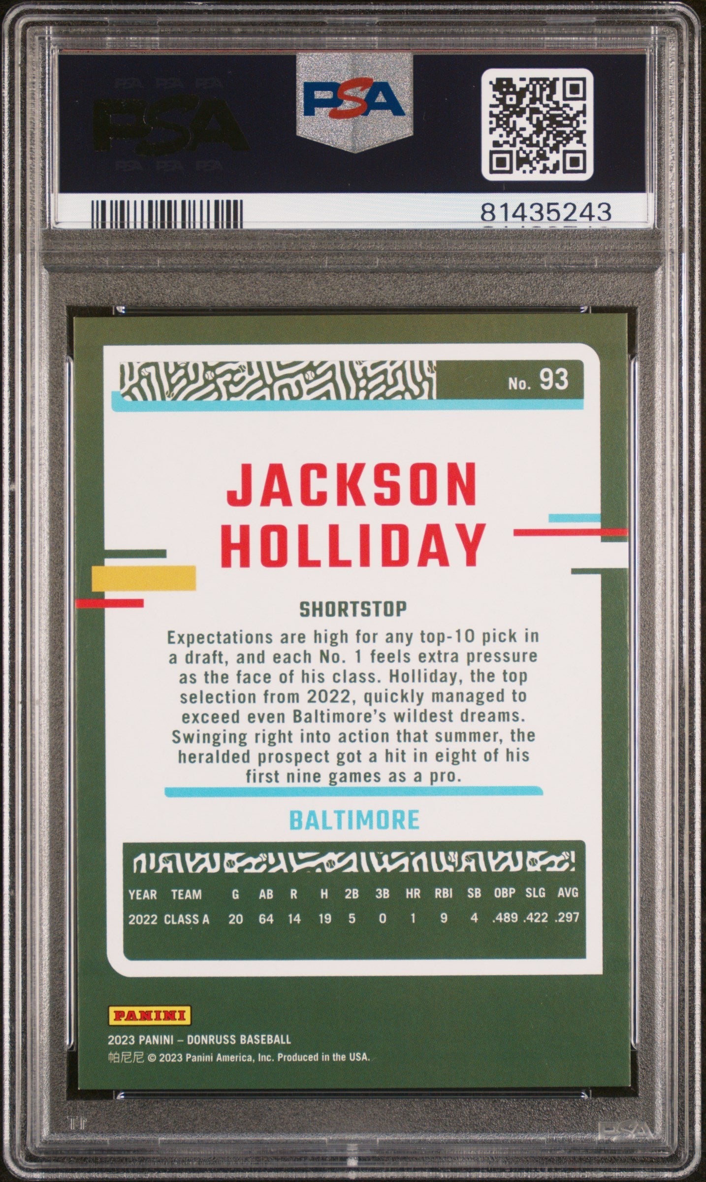 Graded 2023 Panini Donruss Jackson Holliday #93 Career Stat Line Rookie RC Baseball Card PSA 10 Gem Mint - Golden Apple Comics