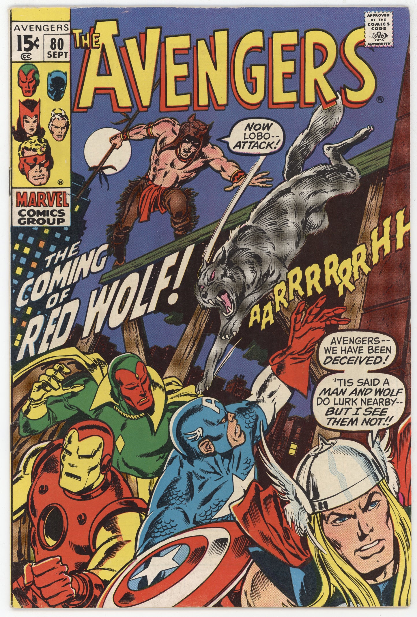 Avengers 80 Marvel 1970 FN VF Captain America Thor Iron Man 1st Red Wolf